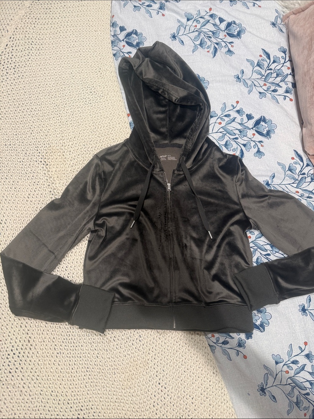 aerie charcol Black Velvet Hooded Bomber Jacket cropped